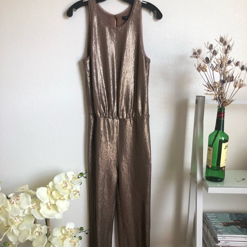 Sequined, champagne colored, full length jumpsuit